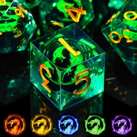 AUSTOR 7 Die DND Dice Set 7 Pieces Green Flame Dragon Resin Dice Role Playing D and D Dice D20 D12 D10 D8 D6 D4 Sharp Edge Dungeons and Dragons Dice with Case