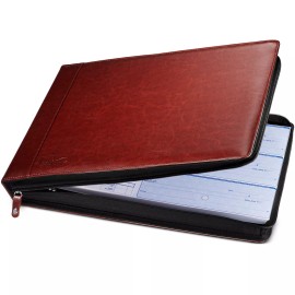 Inkline Professional 7-Ring Check Binder Portfolio, PU Leather, Zippered Closure - Mahogany Brown