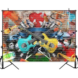 Sensfun 7x5ft Rock and Roll Guitar Backdrop Rock Star Party Decoration Graffiti Brick Wall Musical Photography Background Disco Karaoke Party 80s 90s Birthday Banner Photoshoot Backdrops Prop