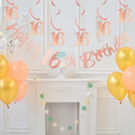 Bliceon 16th Birthday Bunting Banner, Hanging Swirls Streamers, 16th Birthday Decorations Set for Girls 16 Years Old Birthday Decorations Party Decor - Rose Gold