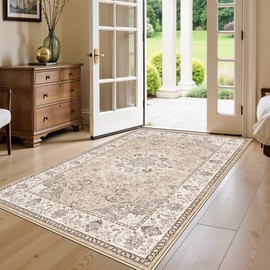 Living Room 4x6 Area Rugs: Vintage Farmhouse Washable Non-Slip Rug for Bedroom Dining Room Ultra Soft Indoor Carpet for Nursery Kitchen Durable Low-Pile Neutral Floor Mat for Pet Owners(4x6 Beige)