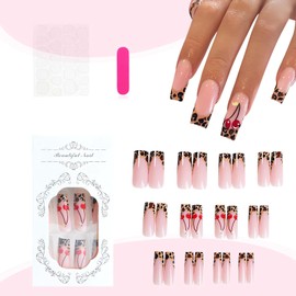Long French Tip Press on Nails Square False Nails Fall Fake Nails with Leopard Design Coffin Acrylic Nails Cherry Artificial Nails Extra Long Acrylic Glue on Nails Autumn Stick on Nails for Women