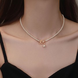 Inateannal Bohemia Pearl Bead Choker Necklace Gold Pearl Toggle Clasp Necklace Tiny Pearl Pendant Necklace Small Beaded Pearl Chain Necklace Jewelry for Women