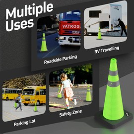 BATTIFE [2 Pack] 28 Inch Collapsible Traffic Safety Green Cones with Black Weighted Base, Multi Purpose Pop-up Cones and Reflective Collar, for Road Parking, Driving Practice.