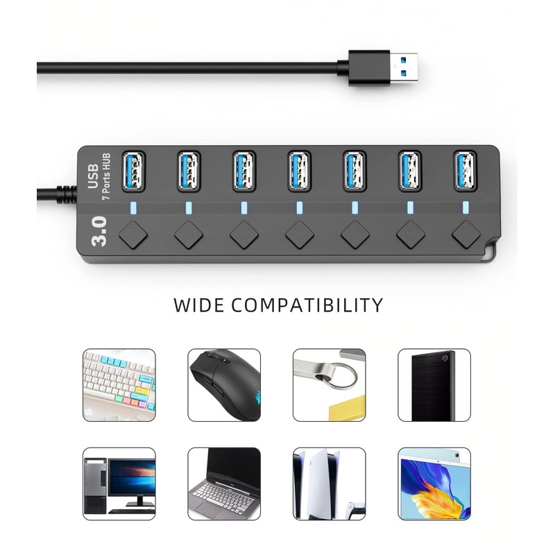 USB Hub 3.0, Eanetf 7 Port USB hub with LED