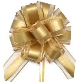 FQTANJU 5 PCS 6 Inch Gold Pull Bows for Gift Wrapping, Wedding, Christmas, Birthday Parties; Modern Style, Solid Color, 2 Inch Ribbon Width