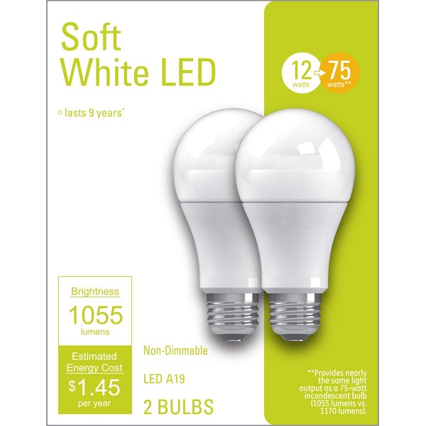 GE Lighting 32590 Light Bulb Soft White A19 LED 12 (75-Watt Replacement), 1055-Lumen Medium Base, 2-Pack, 2 Piece