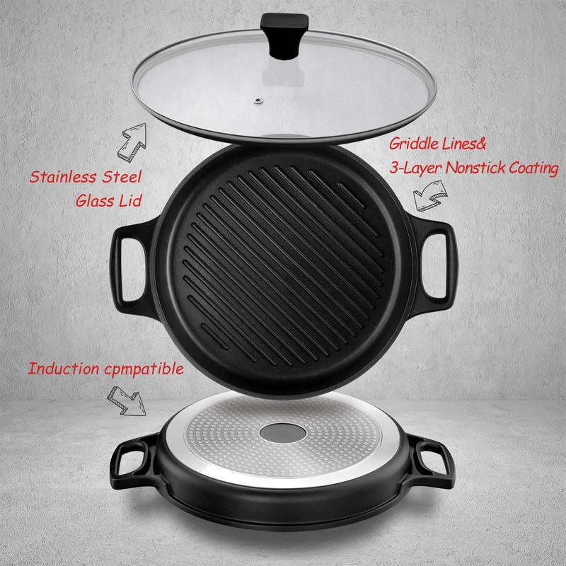 S·KITCHN Cast Aluminum Griddle Pan for Stovetop with Lid -
