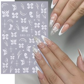 Mkwntg Flower Butterfly Nail Art Stickers 5D Embossed White Floral Butterfly Design Nail Decals Cute Floral Petal Self-Adhesive Nail Art Supplies Manicure Sliders for Women Girls DIY Decorations