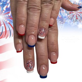 4th of July French Fireworks Press on Nails Short Square Independence Day Red and Blue White French Tips Reusable Patriotic Fireworks Fake Nails for Women Girls Memorial Day Manicure Decorations 24Pcs