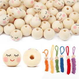 ROYUEXT Pack of 80 Wooden Beads with Face Worms, Wooden Heads with Face 20 mm with Hole, Natural Round Beads Shy Face