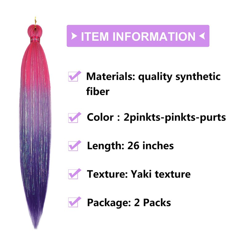 Ombre Pink/Purple with Tinsel Braiding Hair Pre Stretched 2 Packs