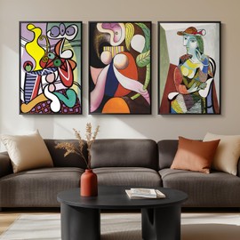 Framed Picasso Wall Art for Living Room, Large Set of 3 Pices Abstract Famous Paintings Canvas Artwork for Walls, Mid Century Modern Colorful Art Prints for Office Wall Decor - Big Size Total 30"x60"
