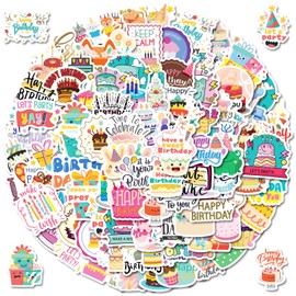 100PCS Happy Birthday Stickers Cute Birthday Party Supplies Stickers for Kids Teens Adults Icicrim Vinyl Waterproof Cartoon Stickers for Water Bottles Luggage Journaling