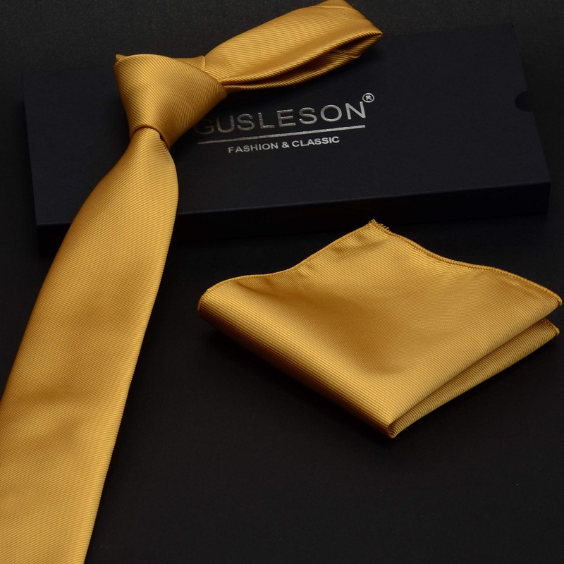 GUSLESON 2.4" Slim Necktie and Handkerchief Set For Men Solid