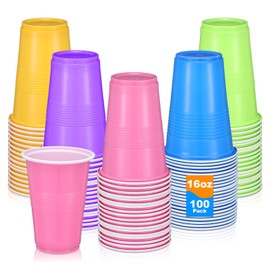 zisiueel 100 Pcs Colored Plastic Cups 16 oz Disposable Cup Bulk Assorted Drinking-Cups Multicolor for Everyday Use Birthday Party Celebration, 5 Colors, Easy Grip
