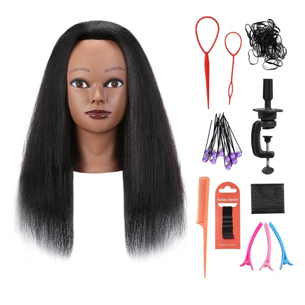 Armmu Mannequin Head with 100% Real Hair, 16" Hairdresser Cosmetology Mannequin Manikin Training Practice Doll Head for Hairstyling and Free Clamp Holder- Black