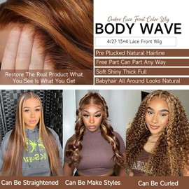 Goldfinch Highlight Ombre Lace Front Wigs Human Hair 26 Inch 13X4 Body Wave Honey Blonde HD Lace Front Human Hair Wigs Pre Plucked with Baby Hair 180% Density 4/27 Balayage Glueless Wigs for Women