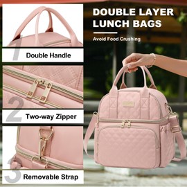 AIJIEKE Lunch Bag for Women, Work Lunch Box Insulated Lunch Bag, Double Deck Lunch Bag, Large Leakproof Lunch Tote Cooler Bag with Side Pockets and Adjustable Strap for Picnic Beach, Pink