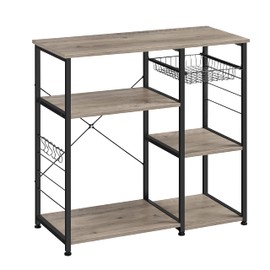 VASAGLE ALINRU Kitchen Baker’s Rack, Coffee Bar, Microwave Oven Stand, with Steel Frame, Wire Basket, 6 Hooks, for Mini Oven, Spices Utensils, Industrial, Heather Greige and Ink Black UKKS090B02