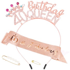 AHONEY 40th Birthday Queen Headbands for Women, 40 & Fabulous Birthday Sash and 40th Birthday Tiara Set, 40th Birthday Decorations Birthday Gifts for Women Party Favors (Rose Gold)