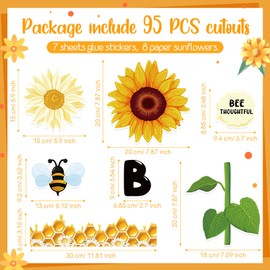 Qilery 103 Pcs Bee Amazing Bulletin Board Sets Cute Bee Honey Bulletin Board Cutouts Borders 3D Sunflower Classroom Bulletin Board Decoration for Spring Summer School Chalkboard Wall Door Decor