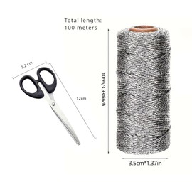 100 m Silver Metallic Cord, 1.5 mm Non-Elastic Cord Cord, Silver Cord, DIY Craft Cord with Scissors for Crafts, Gift Wrapping, Wedding, Christmas Decoration