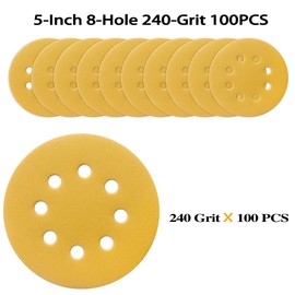 POTUINOM 100PCS 5 Inch 8 Hole Sanding Discs 240 Grit,Gold Round Hook and Loop Sandpaper for Random Orbital Sander