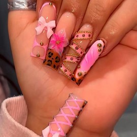 Long Square Press on Nails French Tip Fake Nails Pink False Nails with Bow Designs Floral Artificial Nails Stick on Nails for Women 24pcs