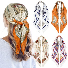 QBSM 4 Pcs 35'' Satin Head Scarf Silk Feeling Neck Scarves Hair Wrap for Sleeping Large Square Headscarf for Women