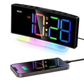 Lafocuse RGB Colorful Digital Alarm Clock with Modern Curved Design, 8 Colors LED Display & 7 Night Light, Dual Alarms, Snooze, USB Charger, Brightness Dimmer for Bedside Heavy Sleepers Kids, Black