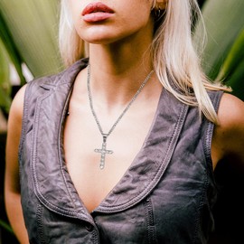 Sonateomber Large Silver Cross Pendant Necklace for Women Men,Simple Rhinestone Cubic Zirconia Costume Cross Dangle Long Stainless Steel Curb Cuban Chain Jewelry Thanksgiving Christmas Gifts