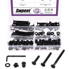 Swpeet 123Pcs 4 Types M6 Carbon Steel Black Hex Drive Socket Cap Bolts and Threaded Inserts Nuts with T Nut 4 Pronged Tee Blind Nuts and Flat Washers Kit, 1Pcs Wrench Bolts Fully Threaded Hex Socket Screws