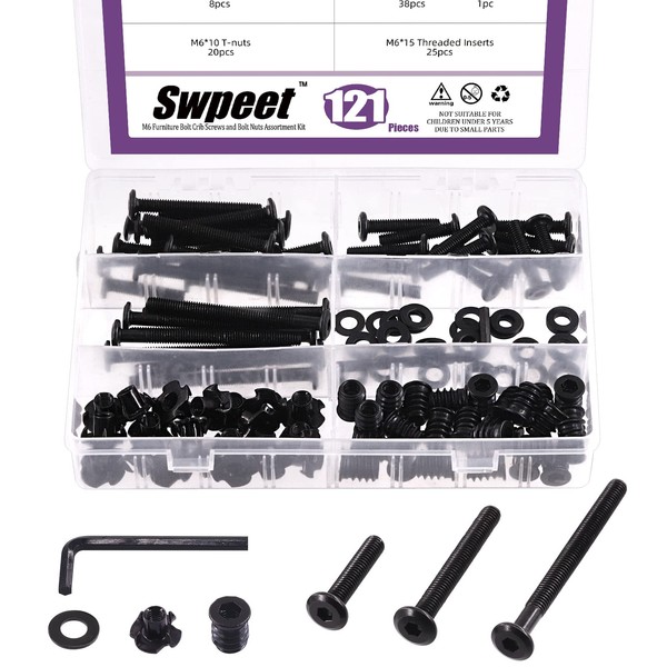 Swpeet 123Pcs 4 Types M6 Carbon Steel Black Hex Drive