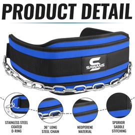 Dip Belt with 36 Inches Heavy Duty Bodybuilding Weight Lifting Dip Steel Chain for Pull Ups Exercise Gym Workout Powerlifting Training Neoprene Back Support Men Women Fitness (Blue)