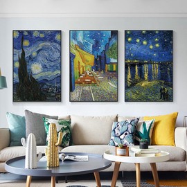 ARTFEB 3 Piece Canvas Wall Art,Classic Van Gogh Artwork Painting Reproduction,Starry Night Over The Rhone Cafe Terrace At Night Giclee Canvas Prints Wall Art for Home Office Decor(Blue, 16" X 24" X 3