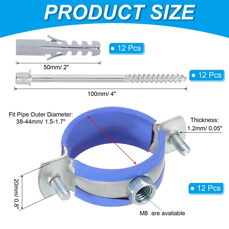 PATIKIL 1.5"-1.7"/38-44mm Split Ring Pipe Hanger, 12 Pcs Heavy Duty