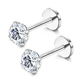 JIAINUS 2 PCS 925 Solid Silver Flat Back Studs Earrings 16G Cartilage Helix Piercings Cubic Zirconia Internally Threaded Lip Labret Conch Tragus Screw 3/4/5/6mm Ear Ring Gifts for Her 14K Whitegold Plated
