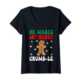 Womens He Makes My Heart Crumble Gingerbread Christmas Pajamas V-Neck T-Shirt