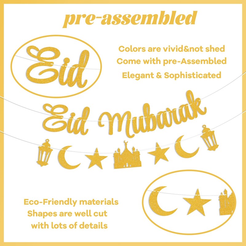 Eid Mubarak Banner - Happy Eid Party Decor, Moon and