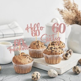 48 piezas de adornos para magdalenas de 60 cumpleaños con purpurina Hello 60 cupcakes, 60 fabulosas 60 púas para 60 cumpleaños, boda, aniversario, fiesta, decoración de pasteles, color oro rosa