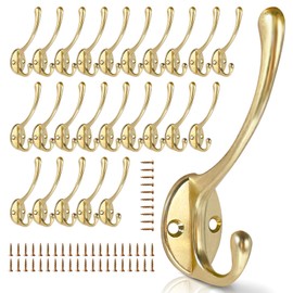 BRCRXW Wall Hooks for Hanging, 25-Pcs Heavy Duty Metal Coat Hooks, for Living Room, Bathroom, Kitchen, Bedroom for Towel, Hat, Key, Closet, Bag (Gold)