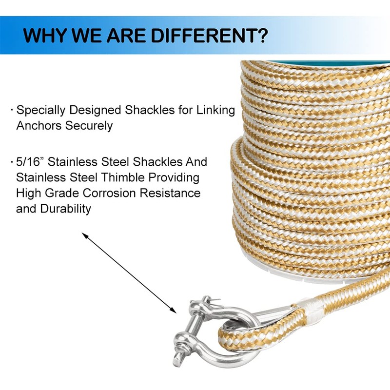 MARINE SYSTEM Made 3/8 Inch 100FT 150FT Gold/White Nylon Anchor