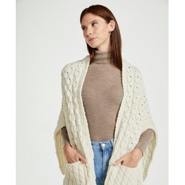 Carraig Donn Traditional Irish Wool Shawl, Aran Stitch Pattern, One Size, Natural