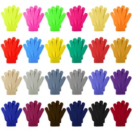 Cooraby 24 Pairs Kids Gloves Winter Magic Gloves Warm Knitted Stretchy Full Fingers Gloves (Fluorescent Yellow,Fluorescent Pink,Assorted Color, 6-11 Years)