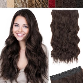 SEGO 3/4 Full Head Clip in Hair Extensions Long Wavy Synthetic Hairpiece 20 Inch One Piece Clip In Hairpiece With 5 Secure Clips, Dark Brown