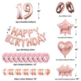 19th Rose Gold Birthday Party Decorations Pack 48PCS Banner Happy Birthday Decorations for Girls Women Party Supplies Happy Birthday Star Heart Rose Gold Foil Balloons Latex Balloons (19th)