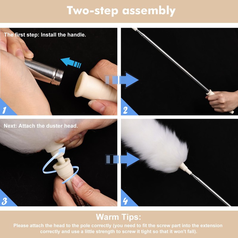 FeelfunFeather Extendable Lambswool Duster 29-110 Inch,Anti-Static Flexible Head, Stainless Steel