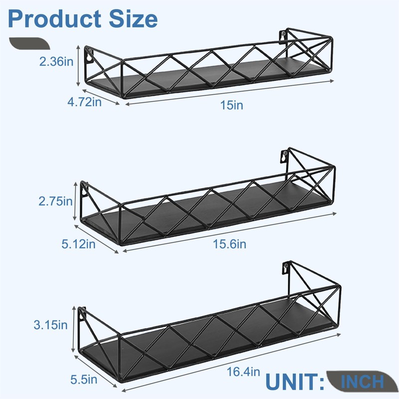 QUCHRYO Floating Shelves Set of 3,Wall Mounted Shelf with Metal