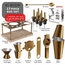Bar Set Cocktail Shaker Set Bartender Kit, 17 Piece Gold Cocktail Set, Mixology Bartender Kit with Wood Stand, Steel Cocktail Kit, Bar Accessories: 30oz Martini Shaker, Muddler, Cocktail Book & More